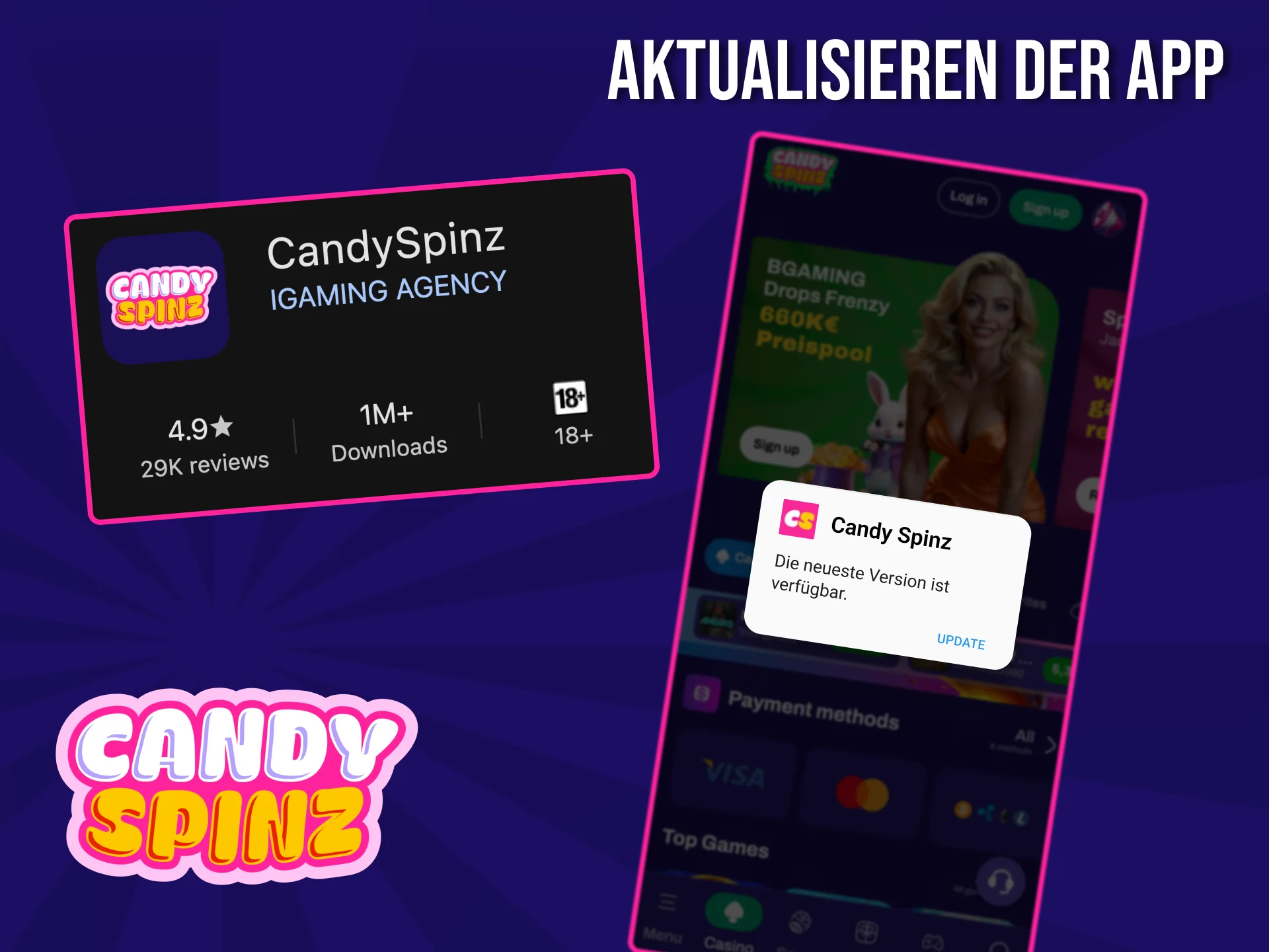 Aktualisieren Sie Ihre Candy Spinz App, um die Funktionalität weiter zu verbessern.