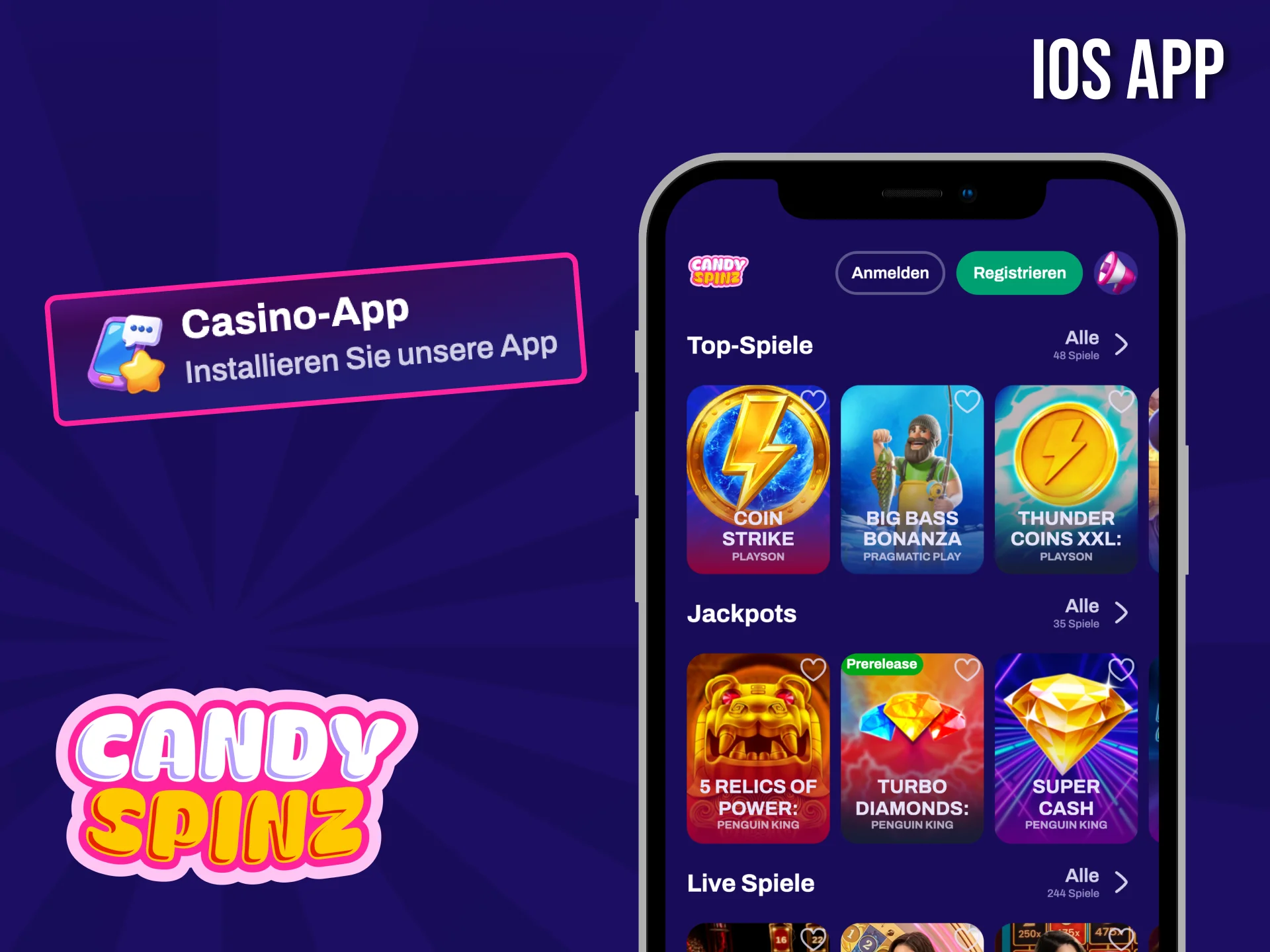 Installieren Sie die Candy Spinz App auf Ihrem iPhone, um das Casino-Spielen noch bequemer zu gestalten.