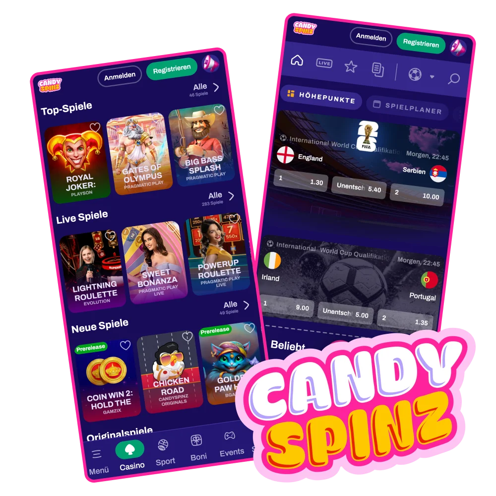 Mit der mobilen App Candy Spinz wird das Spielen im Casino und das Wetten auf Sport noch bequemer.