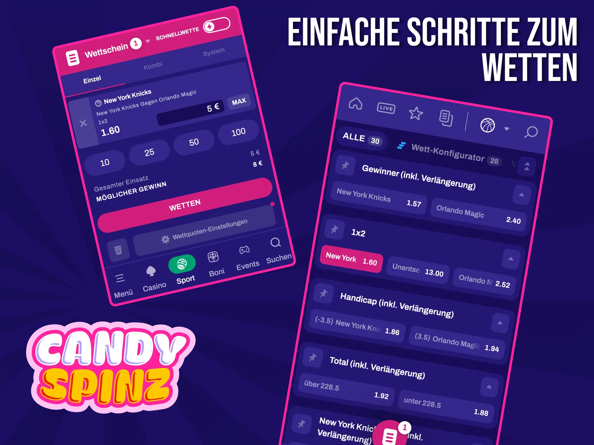 Lerne in wenigen Schritten, wie du in der Candy Spinz App eine Wette platzierst.