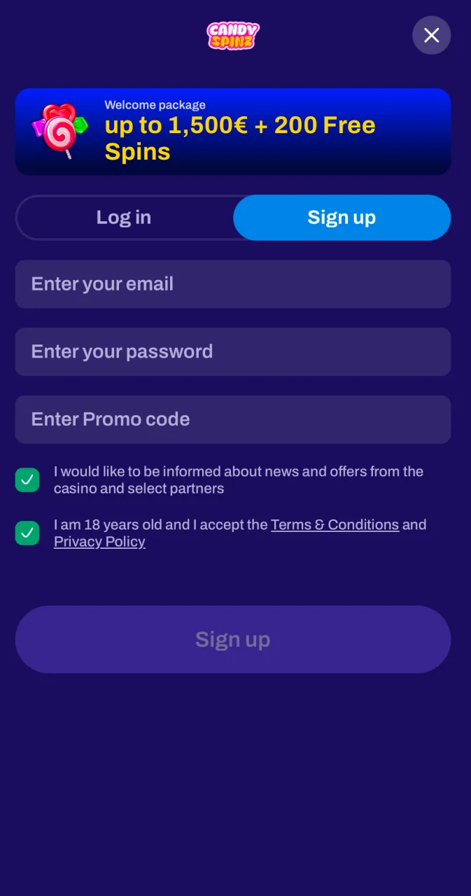 Registrieren Sie sich in der Candy Spinz iOS-App, um die Plattform zu nutzen.