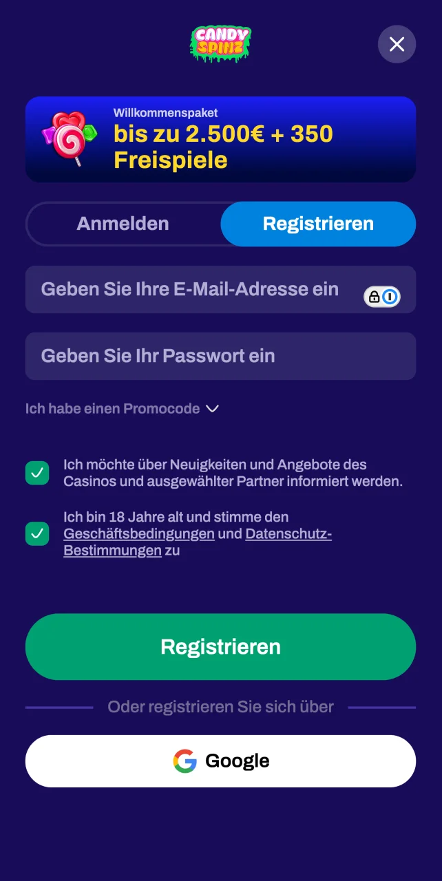 Besuchen Sie die Candy Spinz Webseite und durchlaufen Sie den einfachen Registrierungsprozess.