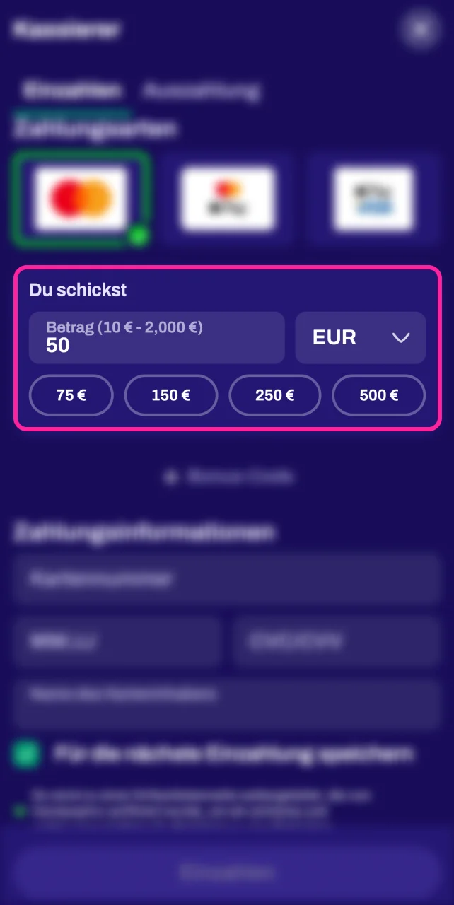 Geben Sie den Betrag ein und fügen Sie die Zahlungsdetails hinzu, um Ihr Spielkonto auf der Candy Spinz-Website aufzuladen.