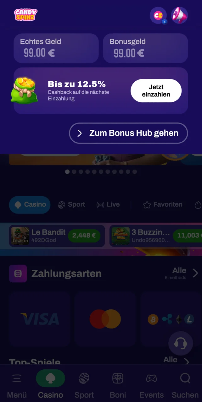 Überprüfen Sie den Kontostand Ihres Candy Spinz-Kontos.