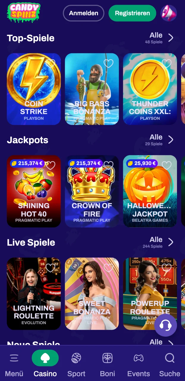 Im Casino-Bereich der Candy Spinz-Website finden Sie schnell und einfach die Spiele, die Sie benötigen.
