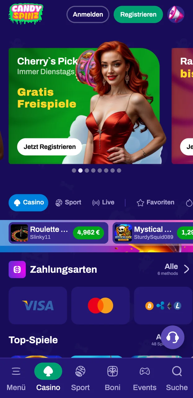 Entdecken Sie die benutzerfreundliche Oberfläche der offiziellen Candy Spinz-Website.