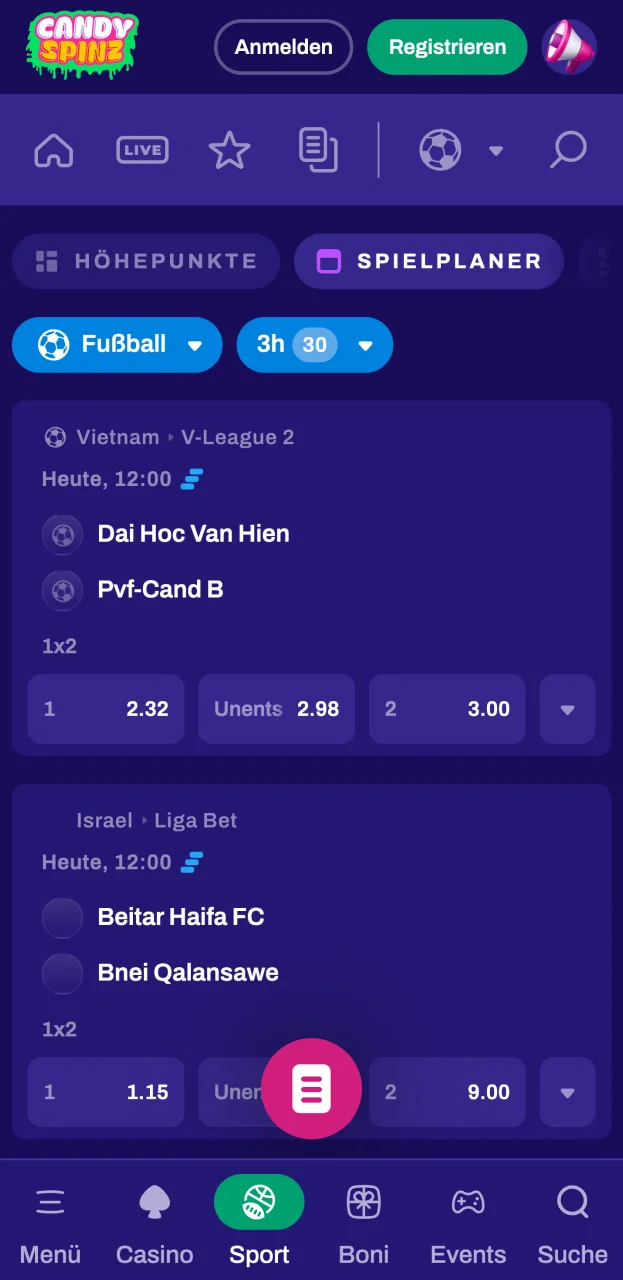 Die intuitive Benutzeroberfläche der Website Candy Spinz ermöglicht es Ihnen, einfach und bequem Sportwetten abzuschließen.