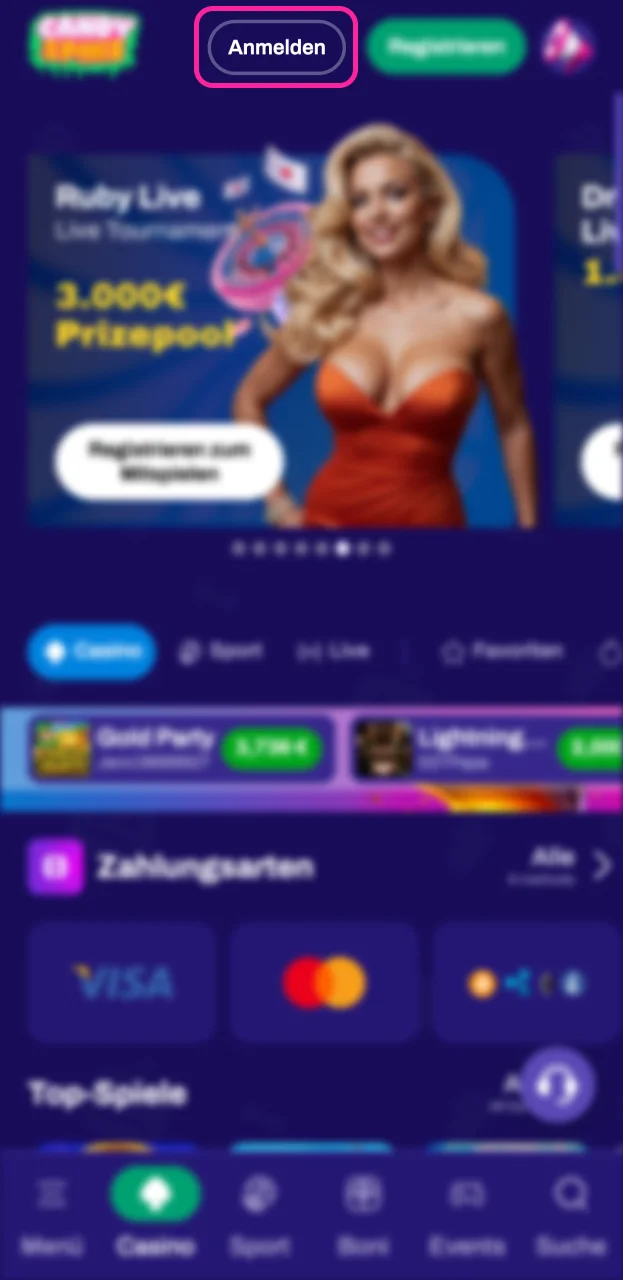 Klicken Sie auf die Schaltfläche Anmeldung, um mit der Registrierung bei Candy Spinz zu beginnen.