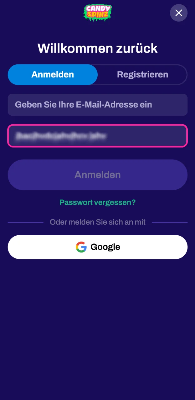Wählen Sie ein sicheres Passwort und fahren Sie mit der Registrierung auf der Website Candy Spinz fort.