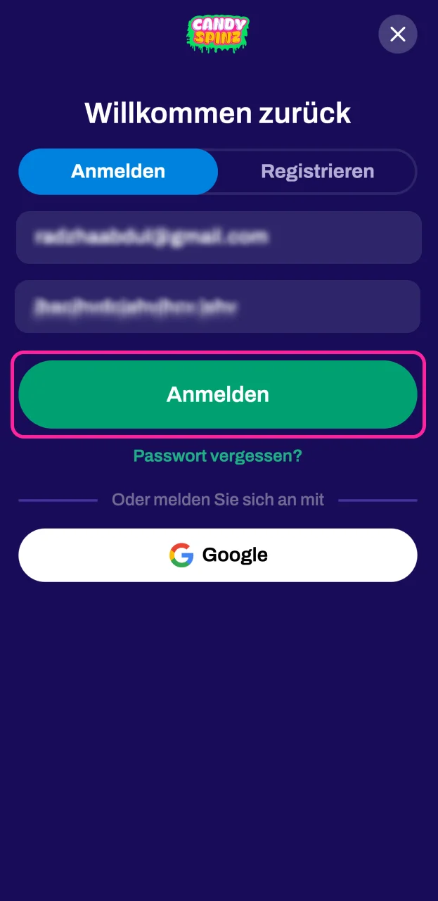 Bestätigen Sie Ihre Registrierung auf der Website Candy Spinz.