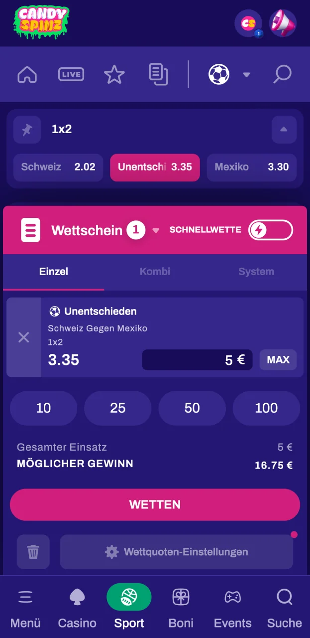 Überprüfen Sie Ihren Einsatz und bestätigen Sie Ihren Wettschein auf der Website des Buchmachers Candy Spinz.