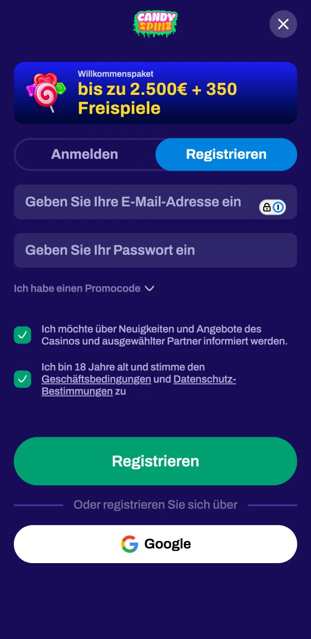 Führen Sie eine kurze Registrierung durch, um eine Wette auf der Candy Spinz Website zu platzieren.