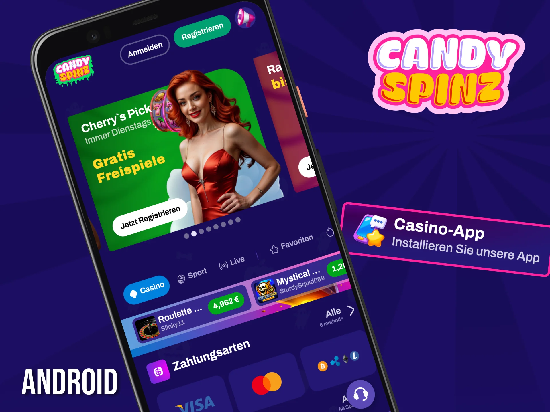 Spielen Sie mit allen Funktionen in der Candy Spinz-App für Android.