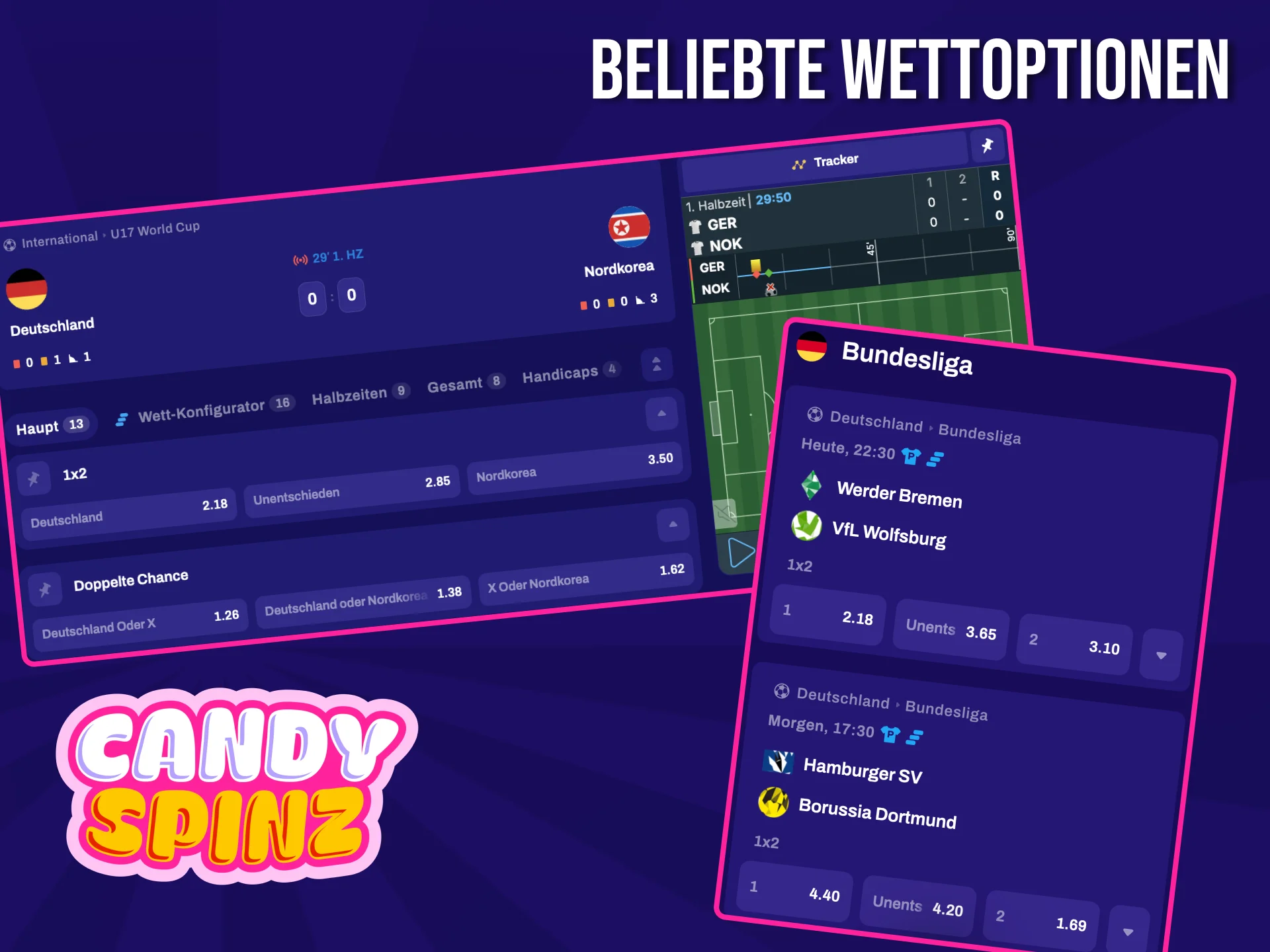 Auf der Website des Buchmachers Candy Spinz können Sie aus beliebten Wettvarianten auswählen und diese kombinieren.