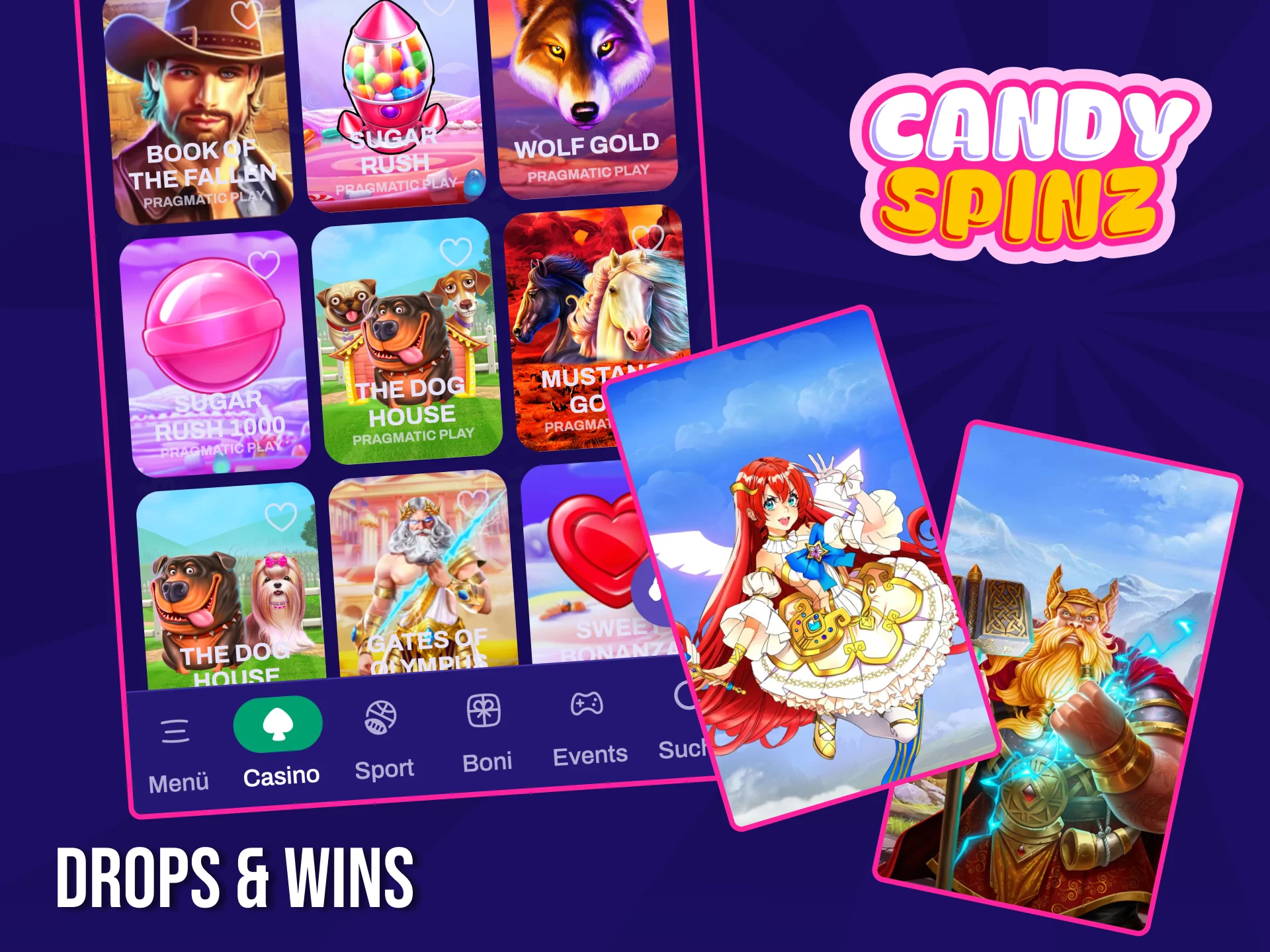 Probieren Sie die Gewinnspiele an ausgewählten Spielautomaten im Bereich Drops & Wins auf der Website des Candy Spinz Casinos aus.