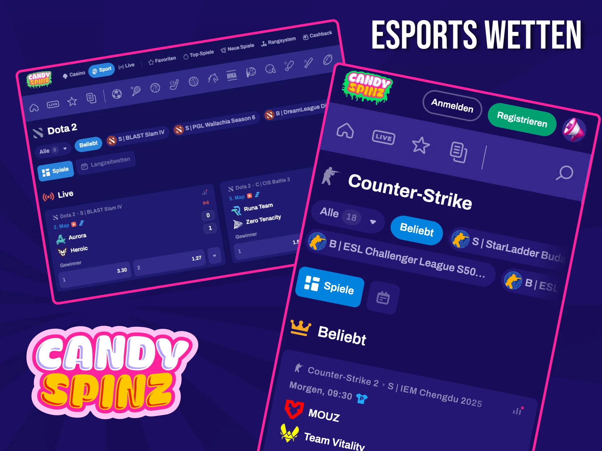 Wetten Sie auf die besten E-Sport-Turniere auf der Website des Buchmachers Candy Spinz.