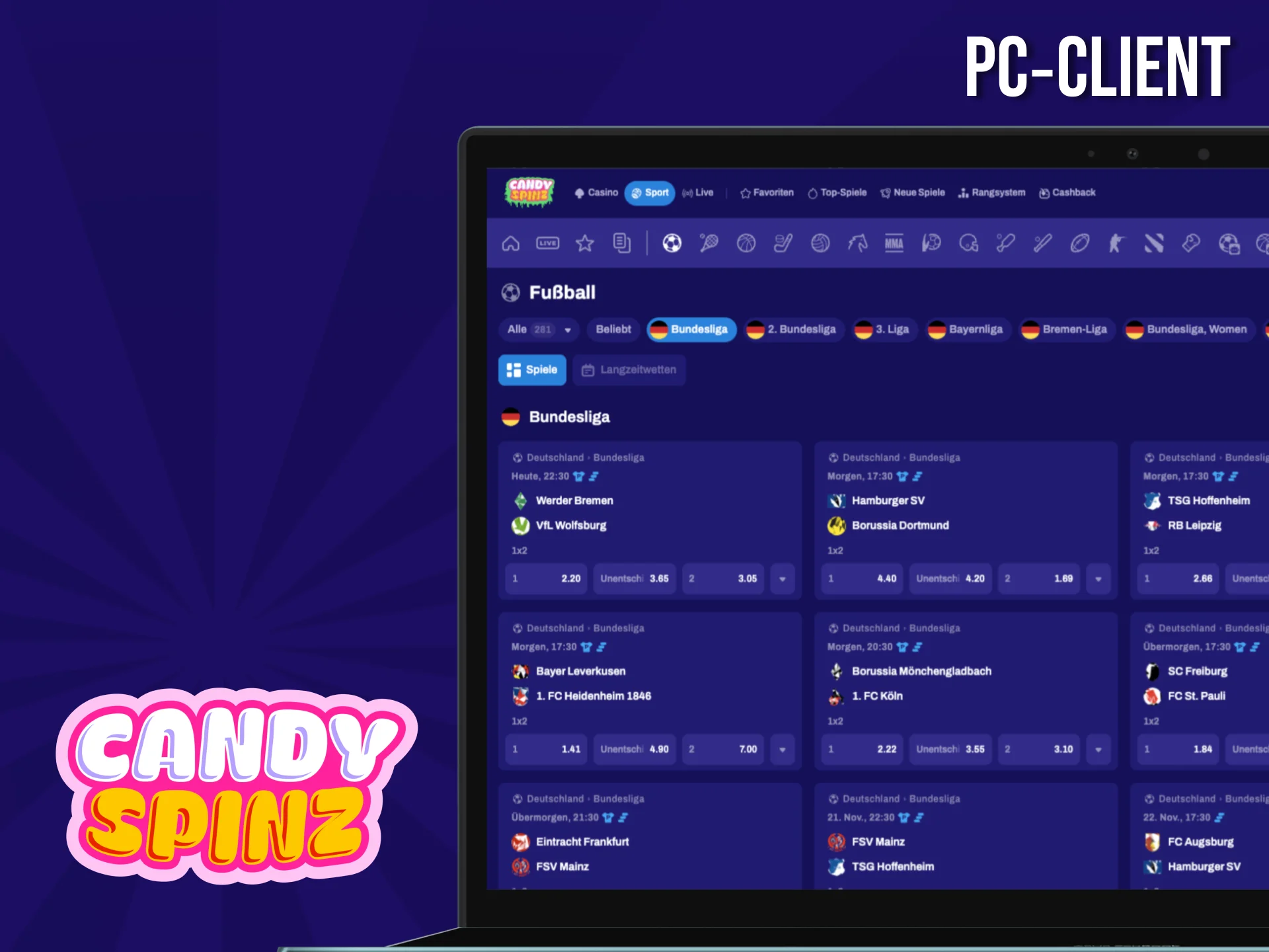 Sie müssen keinen separaten PC-Client installieren, da Sie direkt auf der Website von Candy Spinz spielen und Wetten abschließen können.
