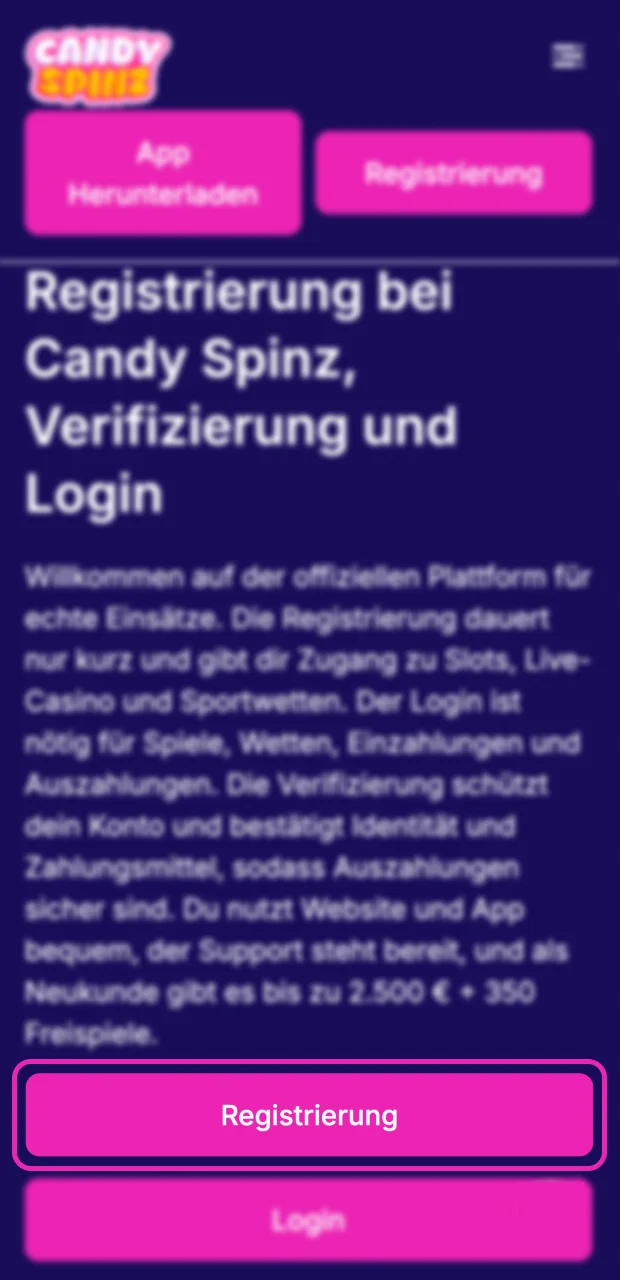 Klicken Sie auf dieser Seite auf Registrieren, um ein Candy Spinz-Konto zu erstellen.