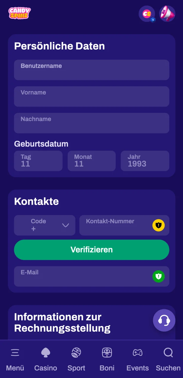 Füllen Sie die erforderlichen Informationen aus und erstellen Sie ein Passwort für Ihr Candy Spinz-Konto.