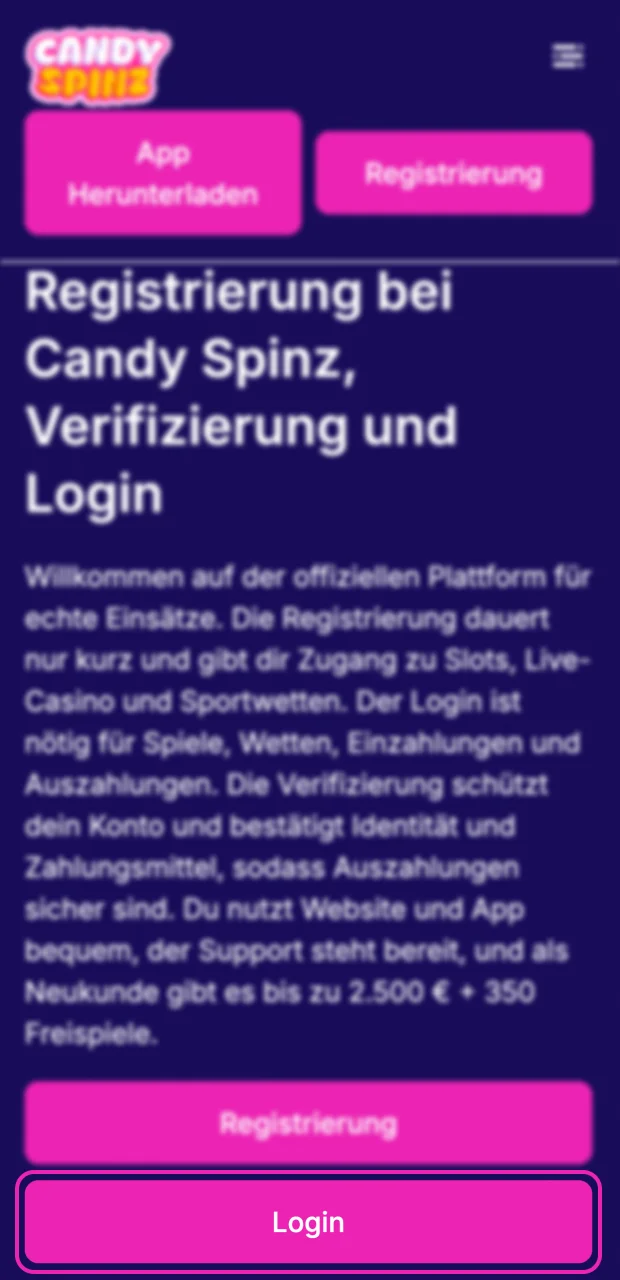 Klicken Sie auf dieser Webseite auf die Schaltfläche Anmelden, um sich in Ihr Candy Spinz-Konto einzuloggen.