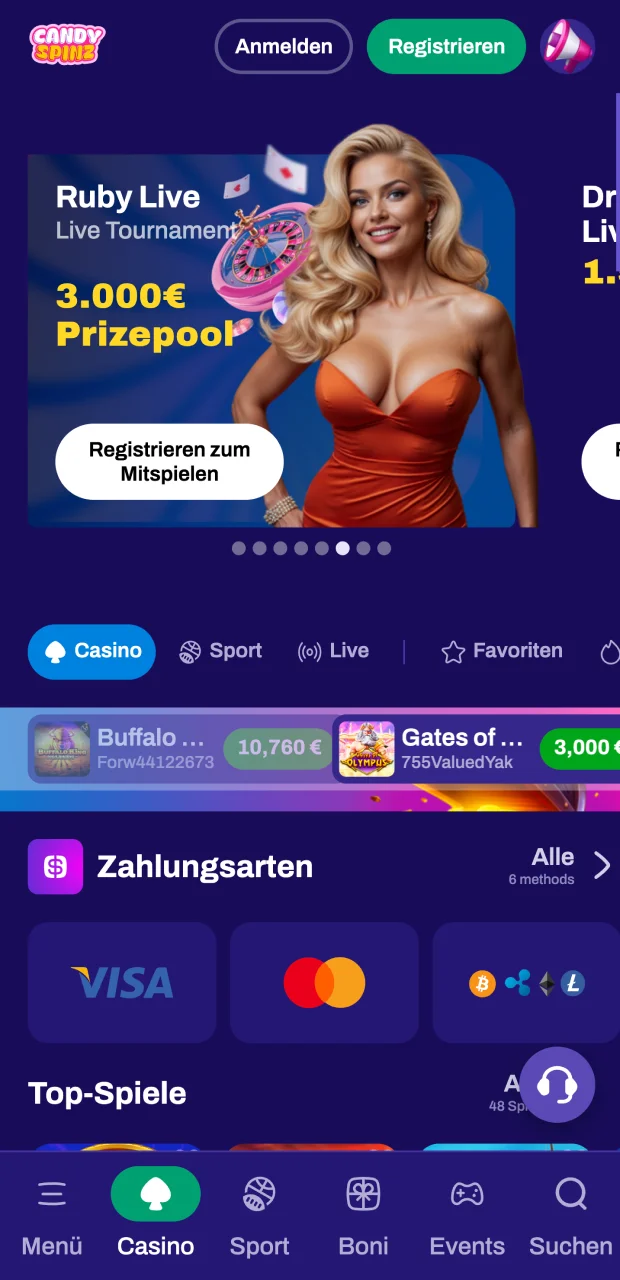 Jetzt können Sie im Candy Spinz Casino mit dem Wetten und Spielen beginnen.