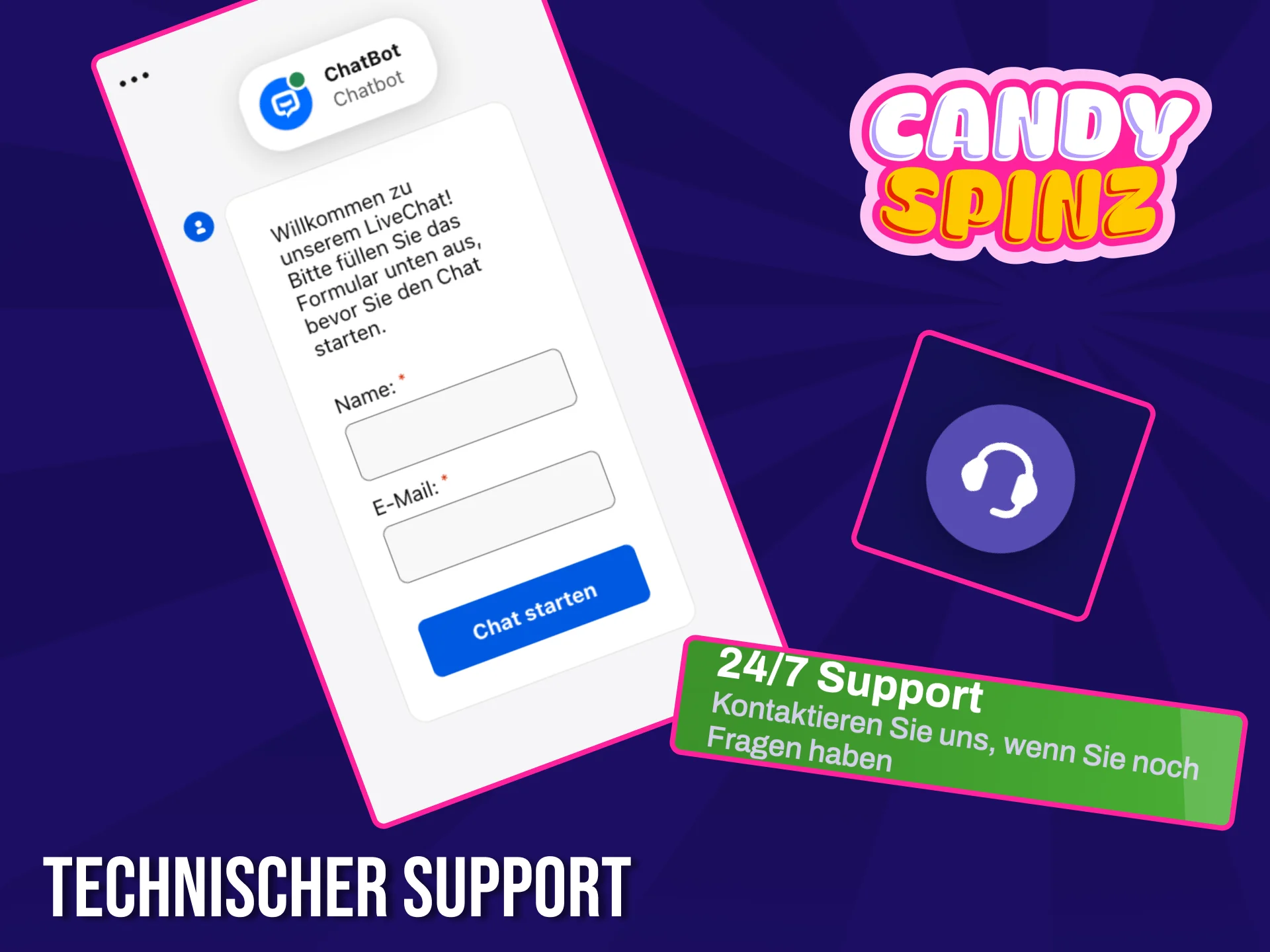Auf der Candy Spinz-Website erhalten Sie rund um die Uhr schnellen und einfachen technischen Support.