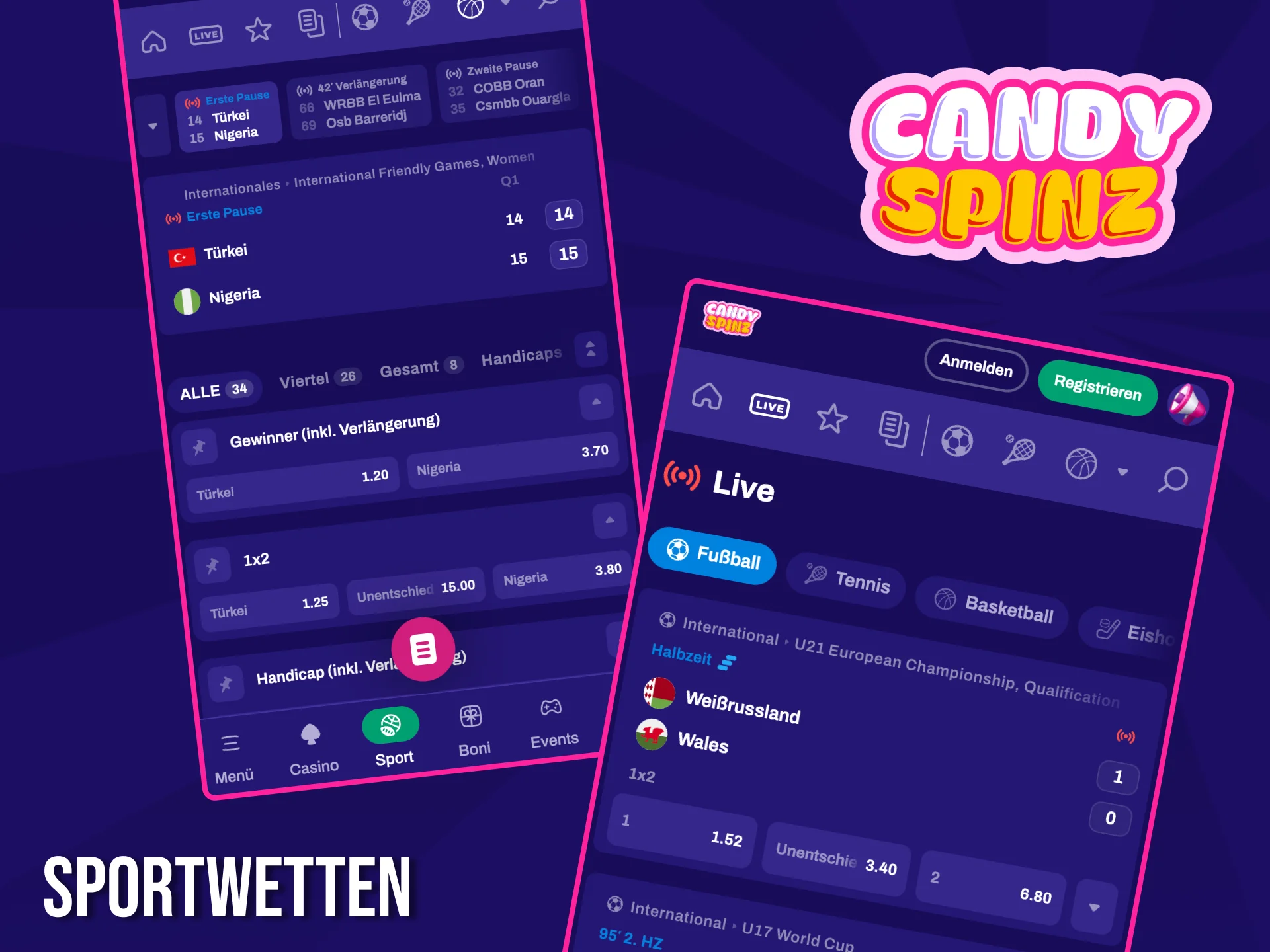 Candy Spinz bietet eine breite Palette an Sportwetten an und zielt dabei auf den deutschen Markt ab.